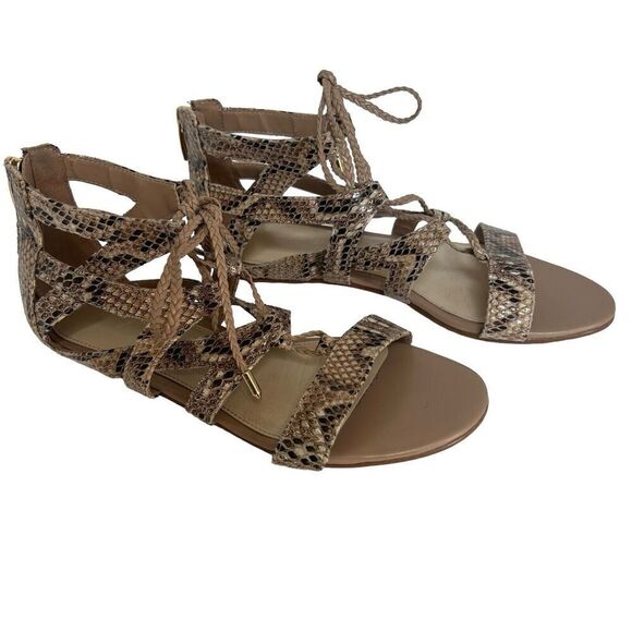 Marc Fisher Tan Snake Skin Print Gladiator Sandals Size 7 Back Zip Flats - Picture 1 of 11